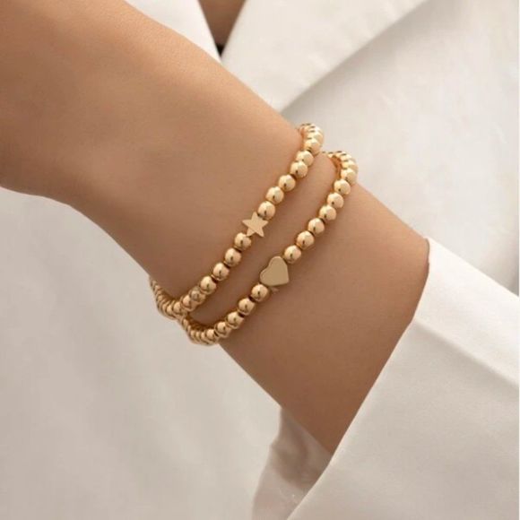 Jewelry - 7/$35 Set Of 2 Gold Bead Stretchy Bracelets Heart and Star Bracelets